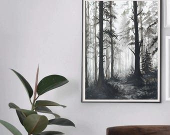 Misty Forest Watercolor Painting: Monochrome Landscape Wall Art (A3)