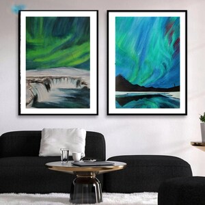 Acquerello originale islandese, dipinto dell'aurora boreale, arte del paesaggio naturale, arte dell'aurora boreale - Due dipinti in formato A4