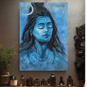 Dipinto ad acquerello originale del Signore Shiva/Mistico/Spirituale/Yoga/Meditazione/Dio indù/Decorazione del tempio/Arte murale di Shiva/Arte verticale blu in formato A4