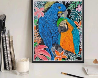 Macaw Parrot Painting: Tropical Gouache Art, Exotic Bird Decor, romantic valentine's art