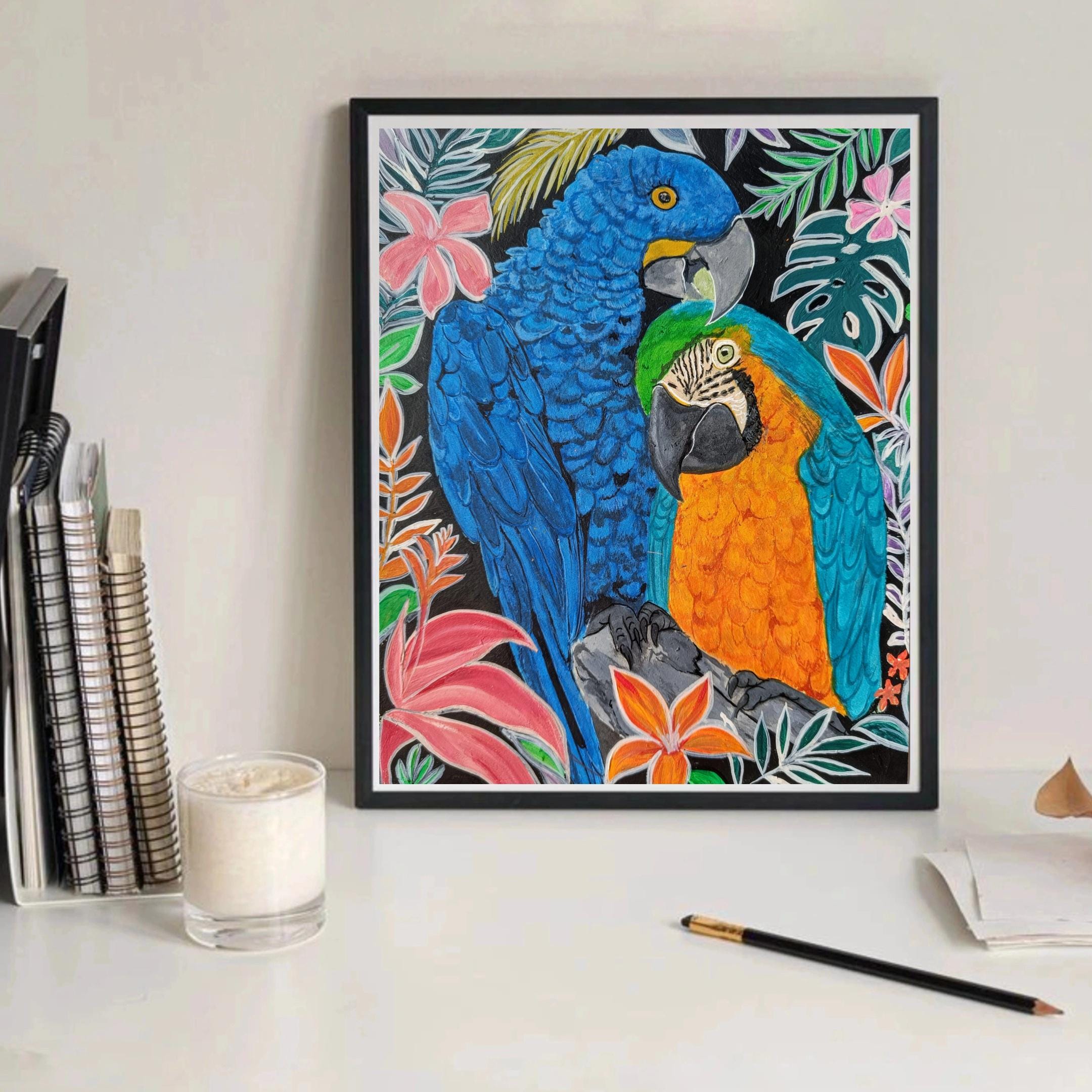 コンゴウインコの絵画：トロピカルグアッシュアート、エキゾチックな鳥