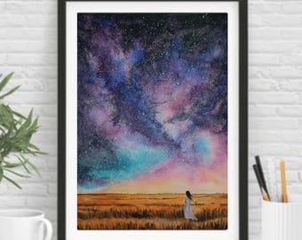 Pintura de galaxia en acuarela original, arte de pared astronómico, decoración celestial, noche estrellada, regalo de astrología, cosmos/universo/vía láctea/arte espacial
