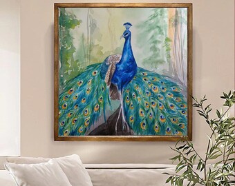 Originele aquarel pauwschilderij: vierkante vogelkunst, decoratie kinderkamer