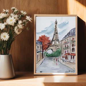 Paris Painting Eiffel Tower Watercolor Art original, Parisian Scene Art, France illustration, Modern Cityscape Wall Art Urban Wall Decor