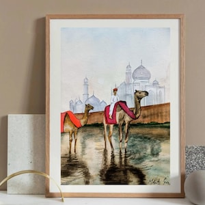 Dipinto ad acquerello indiano originale, Taj Mahal Agra Wall Art, Arte di viaggio dell'Asia meridionale, Arte del cammello, Paesaggio culturale, Arte del Rajasthan