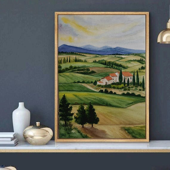 トスカーナの水彩画オリジナル、イタリアのヴィラ風景画、イタリアの