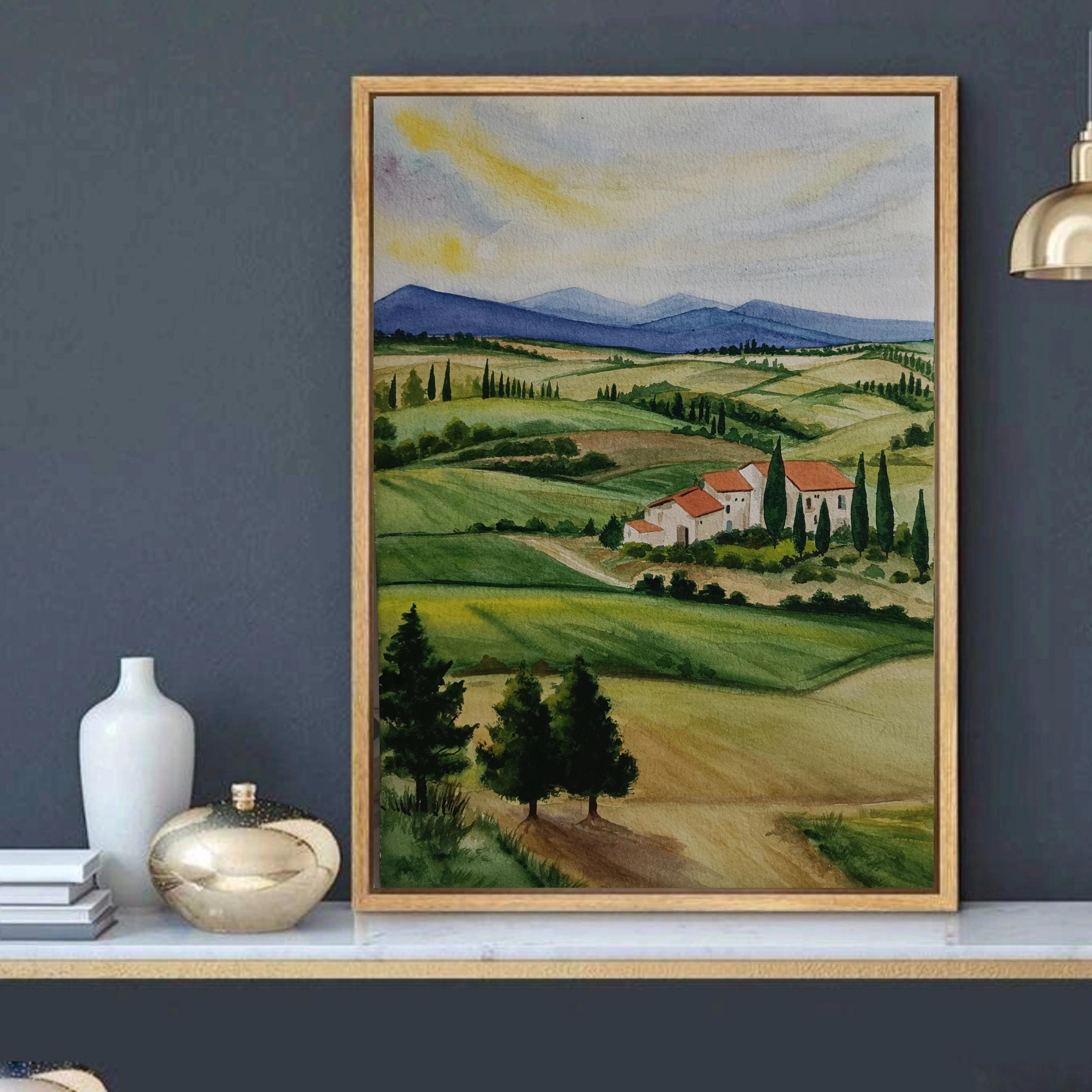 トスカーナの水彩画オリジナル、イタリアのヴィラ風景画、イタリアの