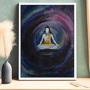 Dipinto ad acquerello originale di Lord Shiva / Arte spirituale indiana, Yoga/Meditativo/Cosmico/Decorazione del tempio, Arte del dio indù A3