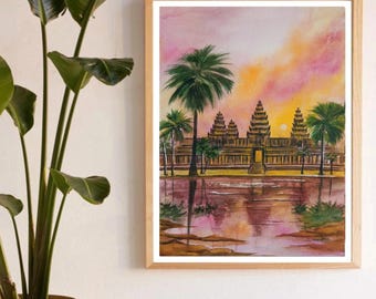 アンコールワットの水彩画：カンボジア寺院の夕焼けアート（11×14