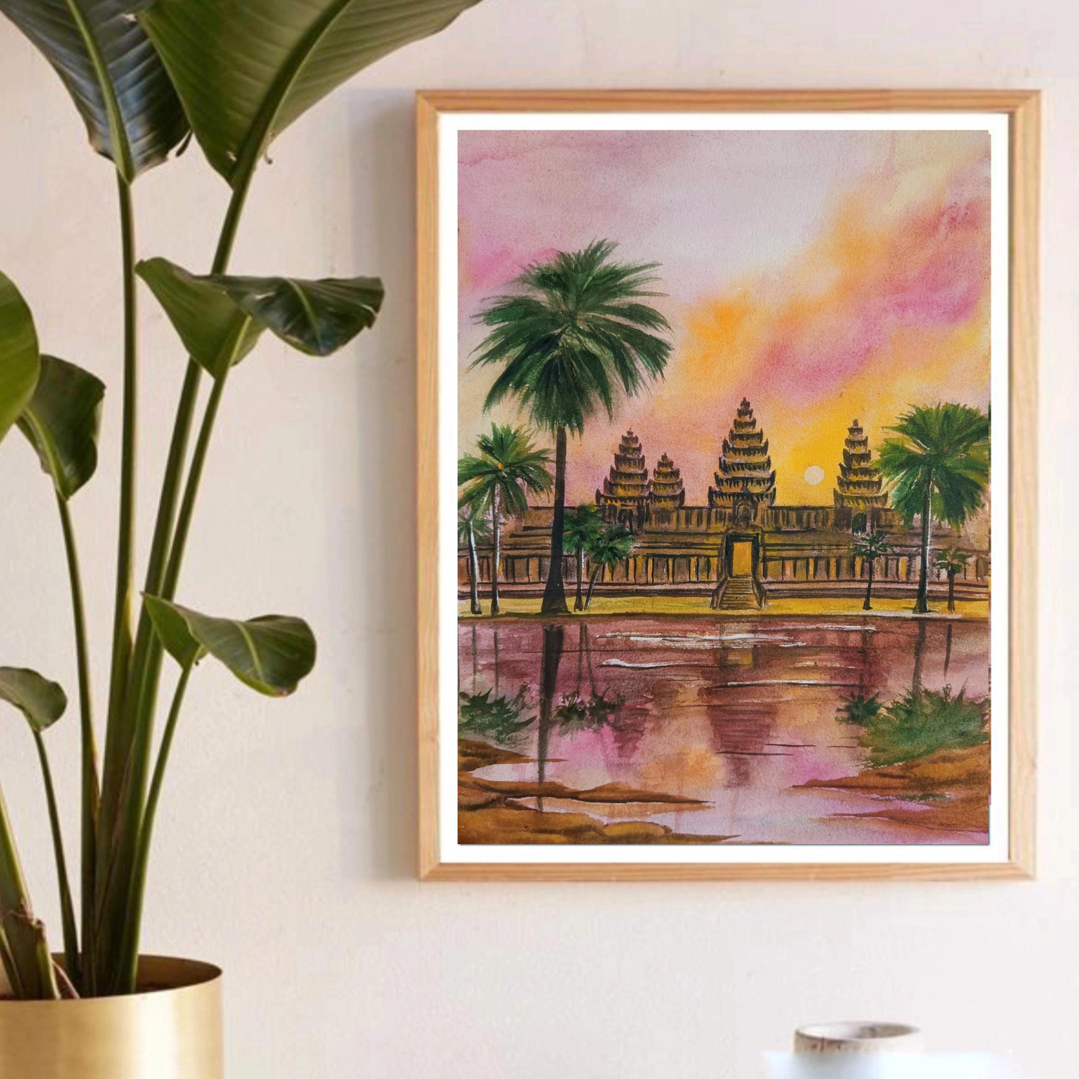 アンコールワットの水彩画：カンボジア寺院の夕焼けアート（11×14