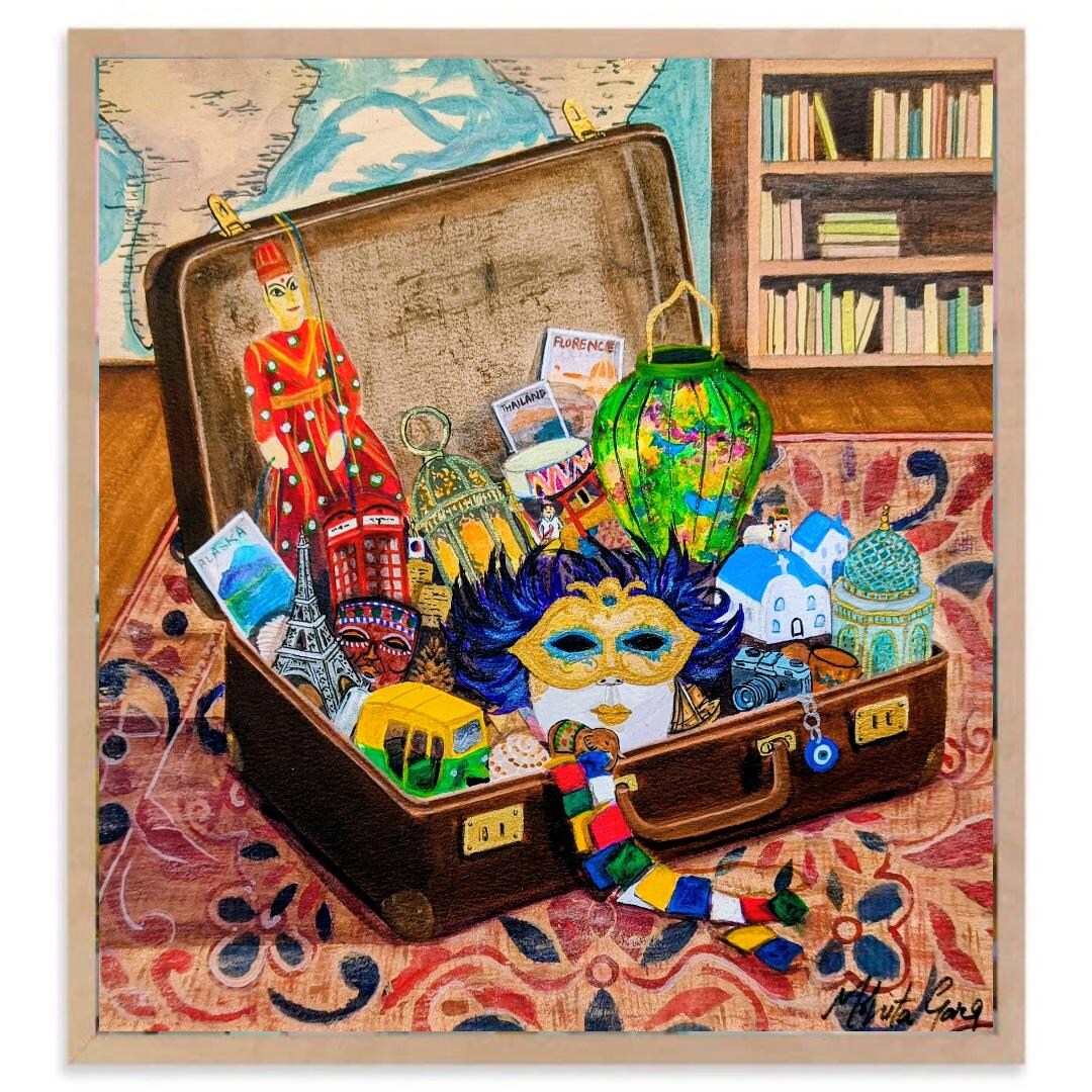 Suitcase Travel Painting, World Souvenir Art, Handmade Acrylic on