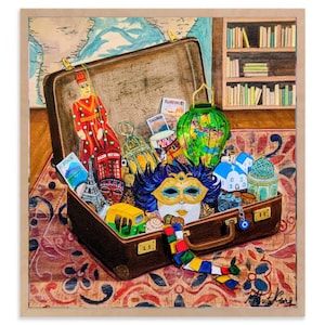 Suitcase Travel Painting, World Souvenir Art, Handmade Acrylic on