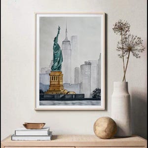 Acquerello della Statua della Libertà, arte originale dello skyline di New York, arte murale di New York City, arte urbana, arte dei monumenti degli Stati Uniti, decorazioni artistiche di paesaggi urbani