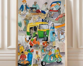 May include: Watercolor painting depicting a bustling Indian street scene. The artwork features a variety of figures, including people, animals, and vehicles like a rickshaw and a scooter. The color palette includes vibrant hues of yellow, green, orange, and blue.