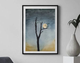 Original Watercolor Moon Painting: Moody Tree Silhouette, minimalist Nature night sky art