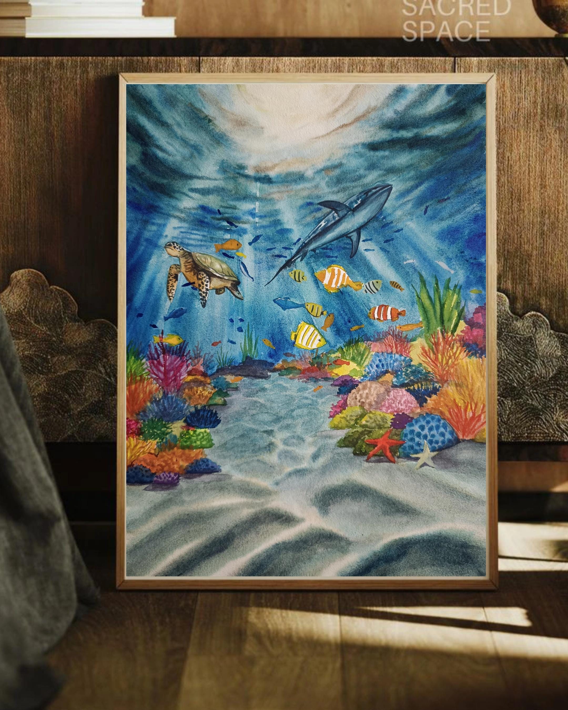 オリジナル水彩画の魚：深海のサンゴ礁アート、水中海洋生物アート