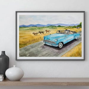Acquerello di viaggio su strada, arte paesaggistica, Buick decappottabile d'epoca, campagna panoramica con cavalli, decorazioni per avventure/Bollywood/viaggi
