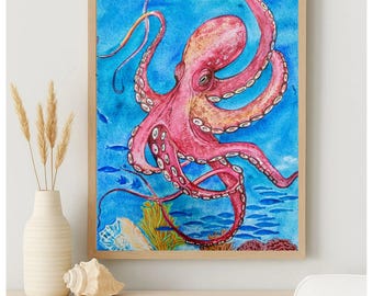 Pintura original de pulpo en acuarela, arte mural submarino, arte náutico/costero/de playa.