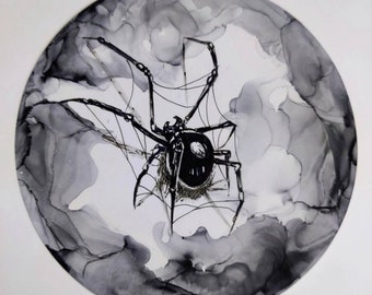 Mini Spider Art- original painting | black & white/ Dark/horror/ spooky home decor | original round tarantula painting |  gift for goths |