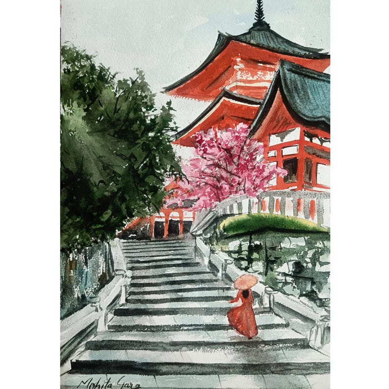 Japanese Temple Watercolor Painting: Kyoto Pagoda, Zen Wall Art - Etsy