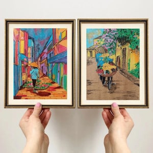 original mini Vietnam art, small acrylic painting ,Hanoi/Hoi An/Saigon art, South Asia Travel Wall Art, Vietnam street vendor art decor