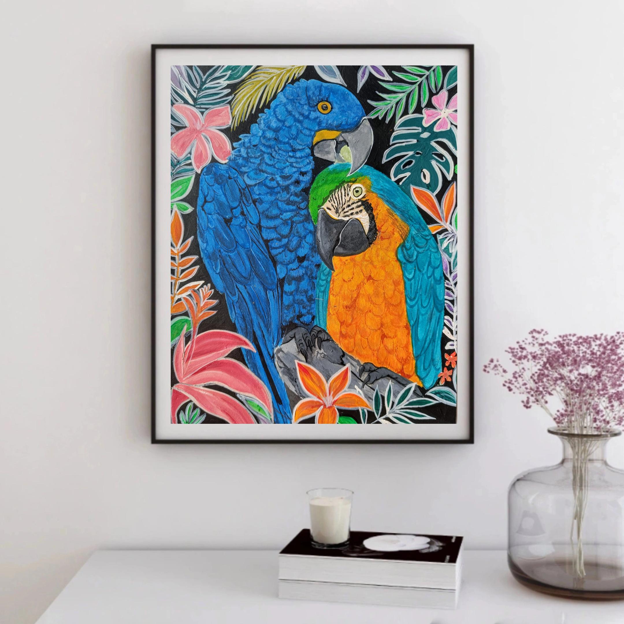 コンゴウインコ　絵画 コンゴウインコの絵画：トロピカルグアッシュアート、エキゾチックな鳥