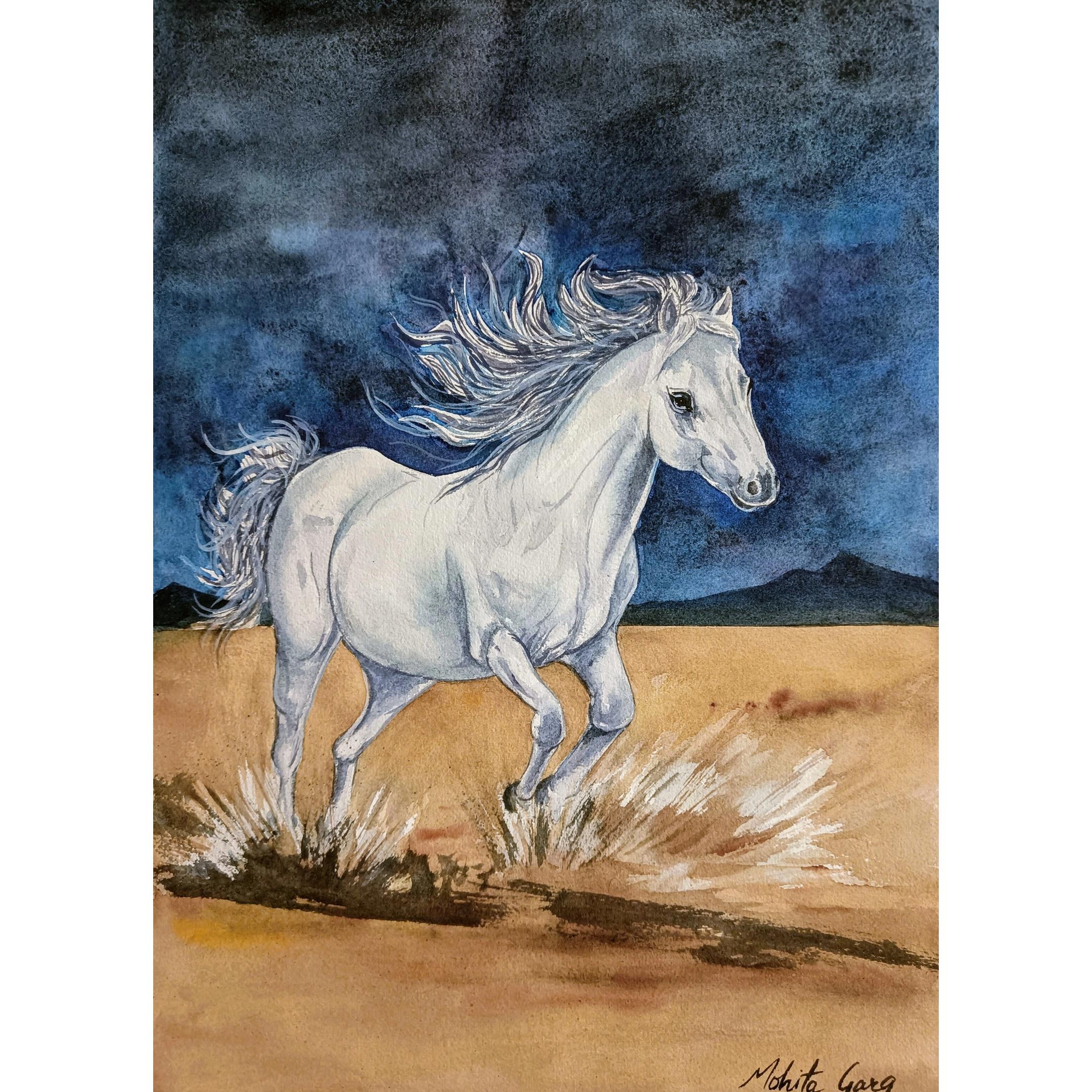 オリジナルの白い馬の水彩画：馬の壁アート、A3 - Etsy 日本