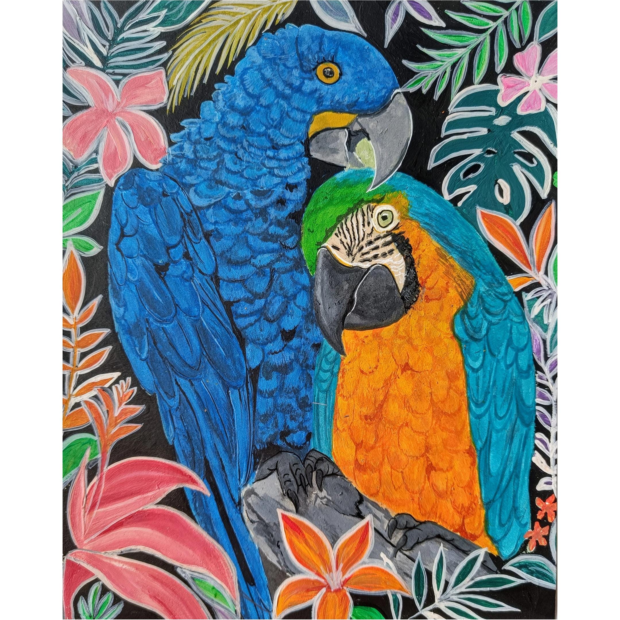 コンゴウインコの絵画：トロピカルグアッシュアート、エキゾチックな鳥