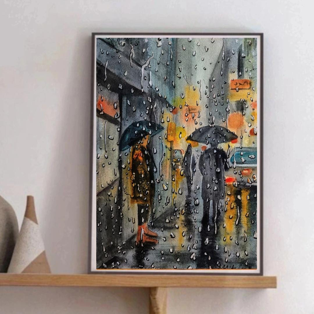 m**様 アクリル絵画　風景画　雨止んだね、お散歩行こか♡ 雨の街並みの水彩画オリジナル：オリジナルの都会の街並み、モンスーン