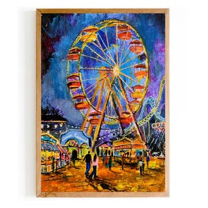 May include: A framed painting of a brightly lit Ferris wheel at night, with red and orange gondolas against a blue sky. The artwork depicts a carnival scene with people, food stalls, and a roller coaster.