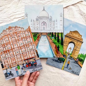 Zestaw akwareli z indyjskimi zabytkami, 3 oryginalne dzieła sztuki w formacie A5, wybierz miejsce docelowe do namalowania (wykonane na zamówienie) Zestaw Jaipur/Agra/Delhi został sprzedany