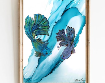 Arte original de pez betta: pintura abstracta con tinta de alcohol sobre el océano costero
