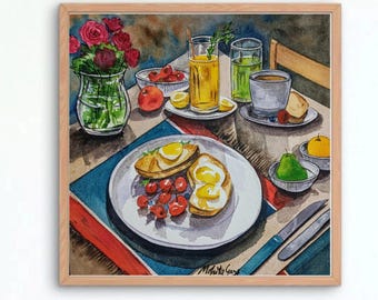 Frukoststilleben: Original akvarellmatmålning, köksväggkonst
