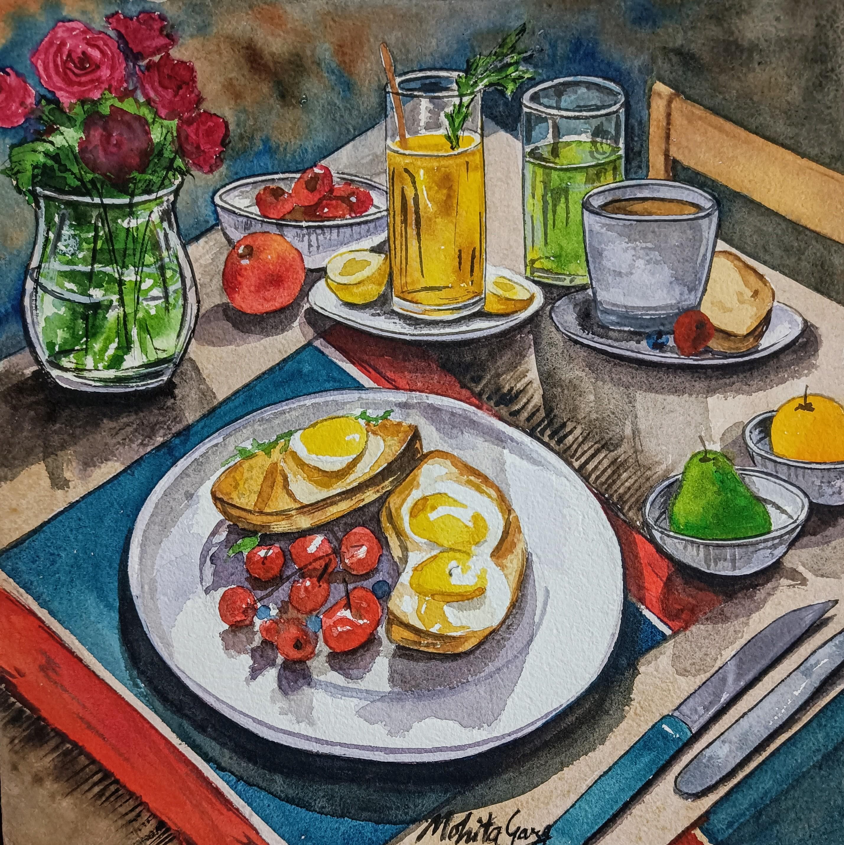 オリジナルの朝食の静物画、水彩画の食べ物の絵、キッチンの壁掛け