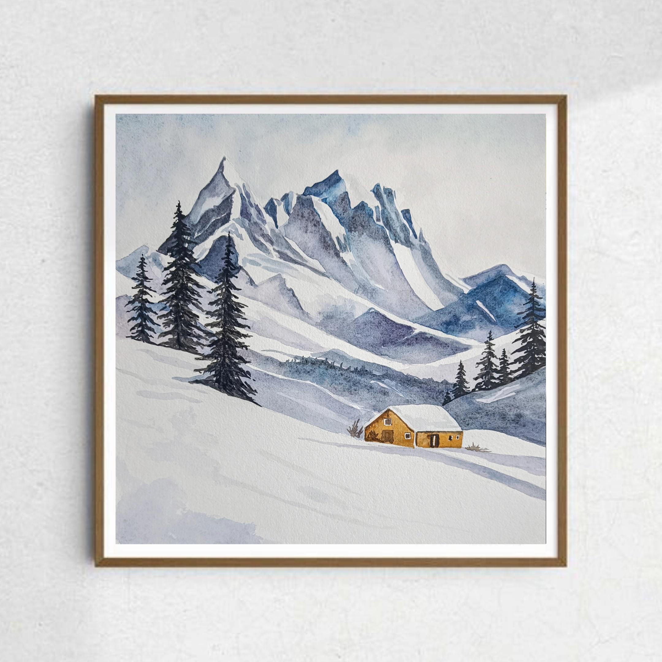 オリジナルの雪山小屋の水彩画：ミニマルな冬の風景画 - Etsy 日本