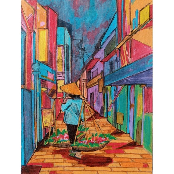Original Mini Vietnam Art, Small Acrylic Painting ,hanoi/hoi Original Mini Vietnam Art, Small Acrylic Painting ,hanoi/hoi
