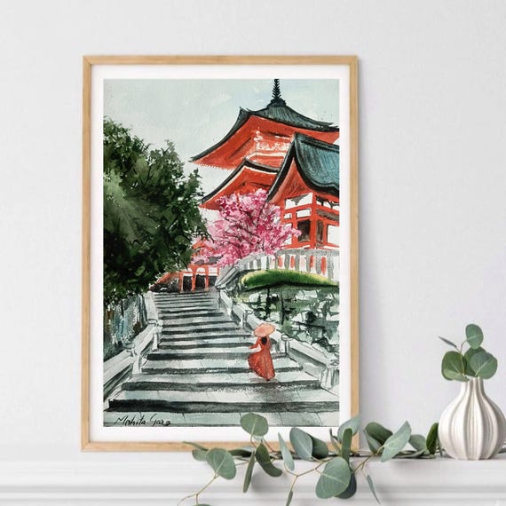Japanese Temple Watercolor Painting, Original Japan/kyoto
