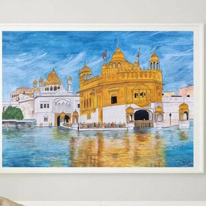 Dipinto del Tempio d'Oro - Arte Sikh, originale arte indiana ad acquerello A3 / Darbar Sahib, Amritsar / Waheguru/Singh/Khalsa/Punjab Wall Art /