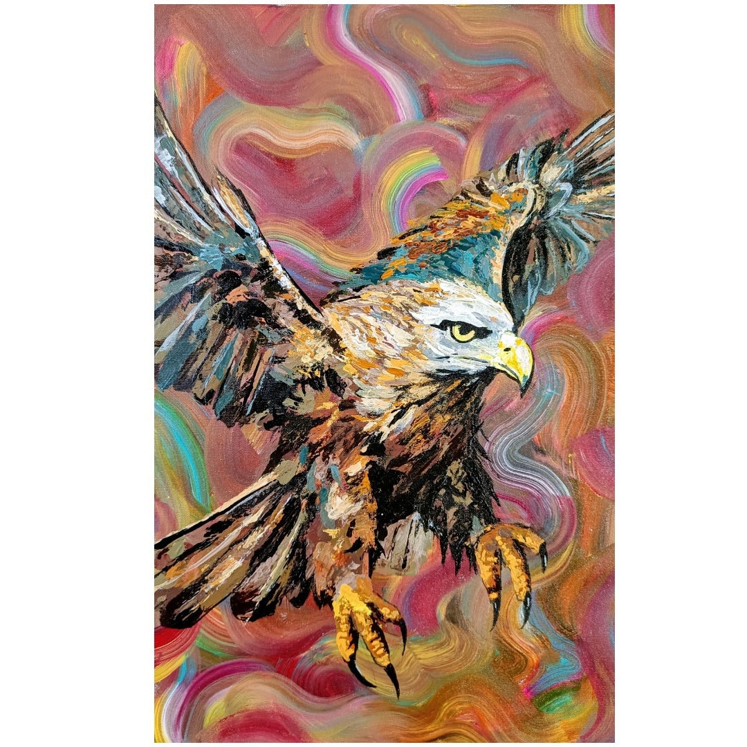 オリジナルの鷲の絵画、アクリル野生動物アート、ハヤブサ/タカ/神秘的