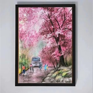 Cherry Blossoms Watercolor Art A4, Kyoto/Japan/korea/Taiwan Art, Street wall art ,Sakura painting,Spring landscape art