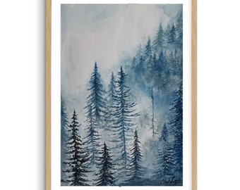 Misty Forest watercolor Painting,  blue Foggy trees landscape Wall Art. Serene home decor, Nature/mountains/scenic Aquerelle wall art Decor