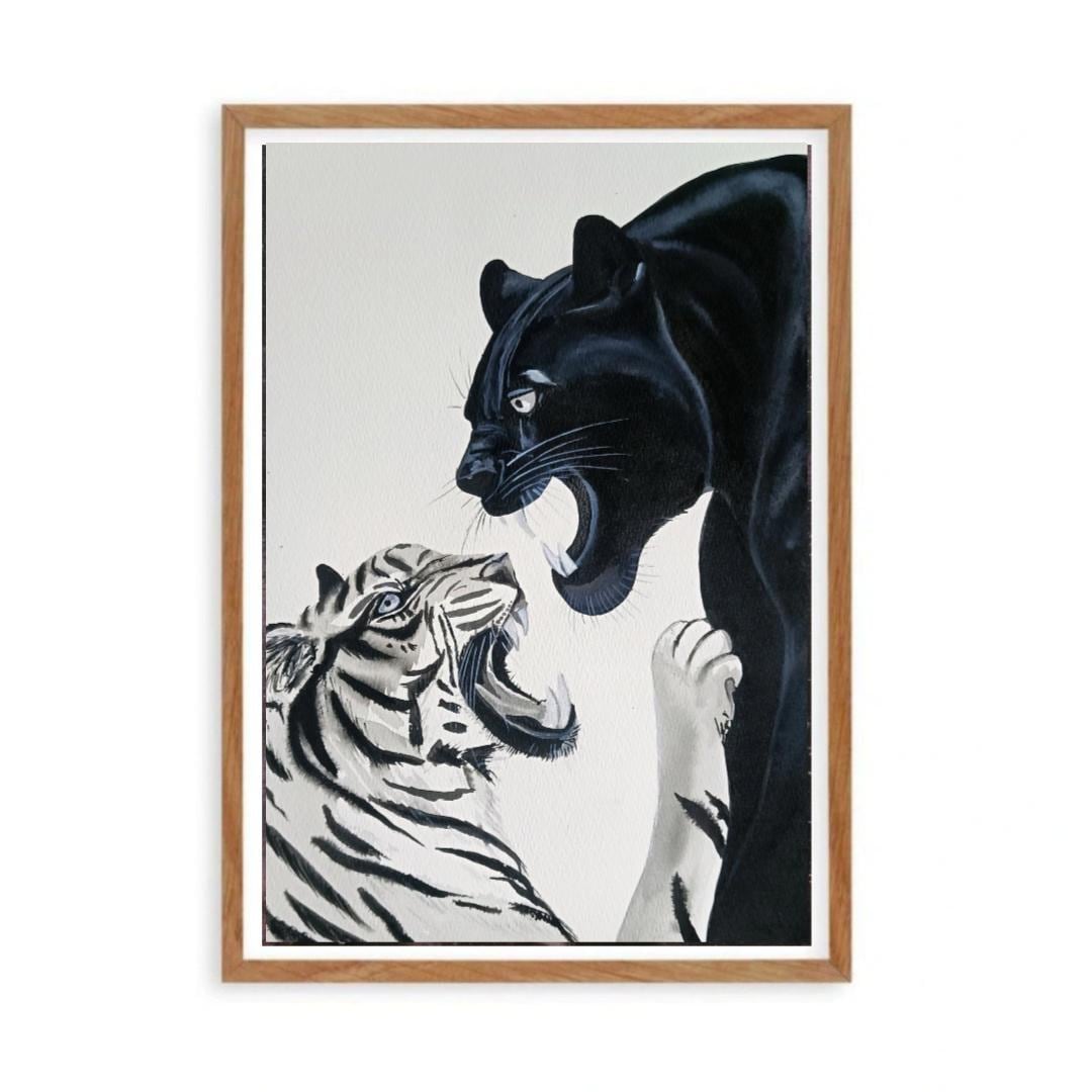 ヒョウのアンティーク絵 オリジナルのトラとヒョウの水墨画｜モノクロの野生動物ウォールアート