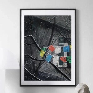 Buddhist Prayer Flags Painting-A3 Acrylic Canvas Wall Art,Monochrome Zen Decor, Spiritual Himalayan Tibetan Art for Meditation & Yoga Room