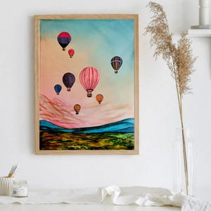 Dipinto originale di mongolfiera - Arte paesaggistica con tecnica mista, decorazione del cielo al tramonto, arte di viaggio, arte murale Wanderlust/Adventure