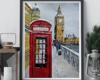 Snowy London acrylic painting original , Telephone Booth/England Wall Art, winter Landscape painting ,UK landmark/Travel gifts, Big Ben Art