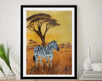 Zebra Watercolor Painting: African Savannah Art, Boho Nursery Decor