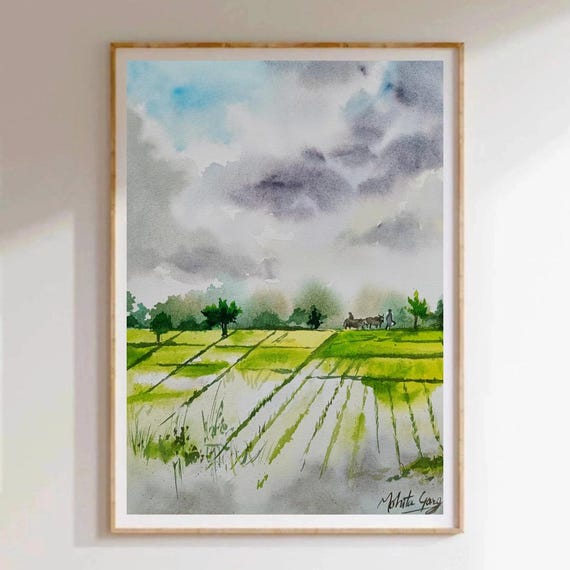 オリジナルの水彩画、インドの田舎の村の風景画（A4）、田舎のアート