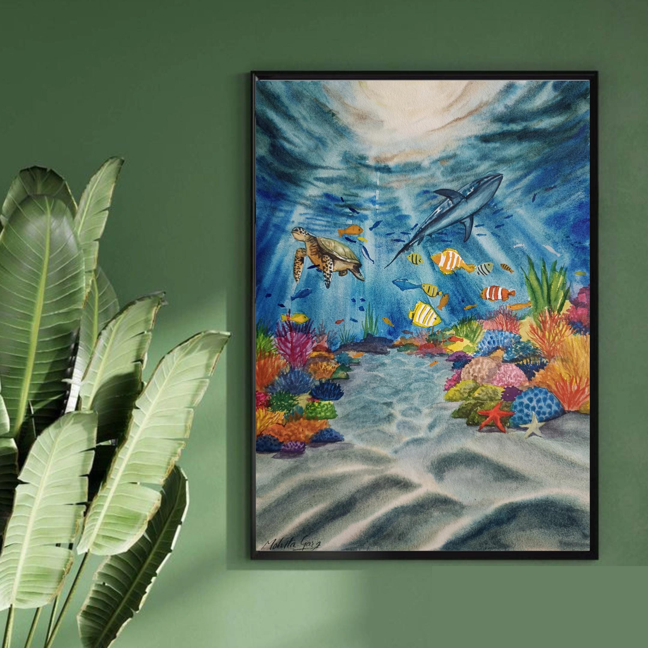 オリジナル水彩画の魚：深海のサンゴ礁アート、水中海洋生物アート