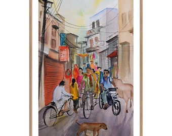 May include: Watercolor painting of a bustling street scene in India. People are walking and riding bicycles and motorcycles. A dog is in the foreground. The buildings are tan and the sky is yellow.