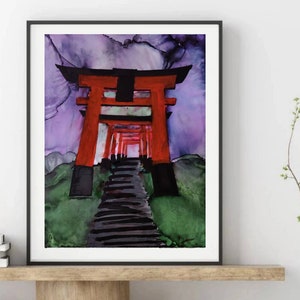 Original Japanese Torii Gate Painting – Shinto Shrine  Art, Japanese Cityscape Wall Decor, Alcohol Ink Landscape, South Asia Travel  Art